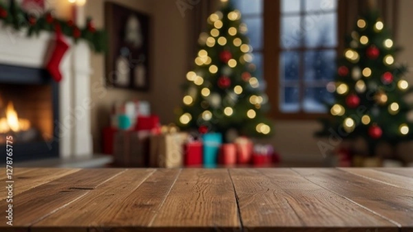 Fototapeta Empty wooden table top with blurred background of family room with christmas theme. The focus is on the table surface.