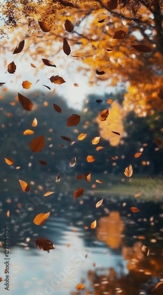 Fototapeta  Leaves falling through the air, leaves floating on the water, beautiful, cinematic, realistic, autumn, with yellow and brown colors