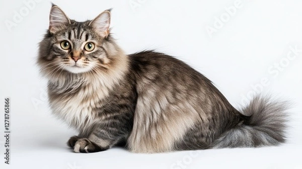 Fototapeta A beautiful long-fur grey cat sits elegantly against a white background, showcasing its fluffy coat in a studio shot.