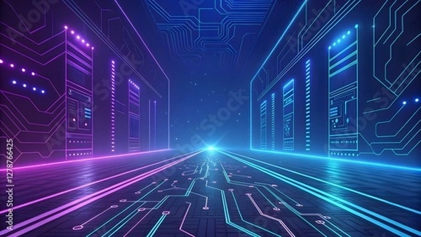Fototapeta Glowing cyberpunk lines digital circuits de