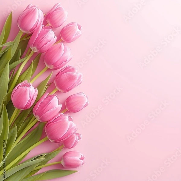 Fototapeta "Beautiful pink tulips arranged elegantly on a soft pastel pink background, top view, perfect for celebrating Happy Women's Day, spring season, floral themes, and feminine concepts. Ideal for greeting
