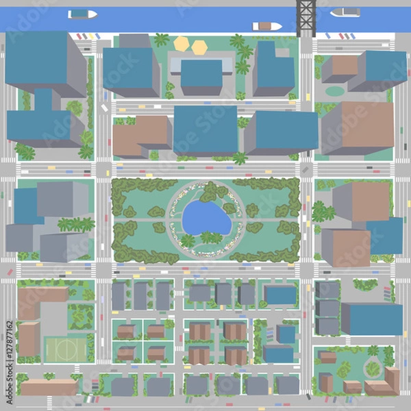 Fototapeta Aerial Birds Eye View of City with Buildings and Houses - Detailed view of city from above Grouped and Layered EPS10
