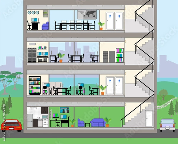 Fototapeta Cutaway Office Building with city background - Detailed Grouped and Layered EPS10
