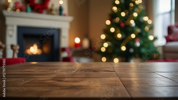 Fototapeta Empty wooden table top with blurred background of family room with christmas theme. The focus is on the table surface.