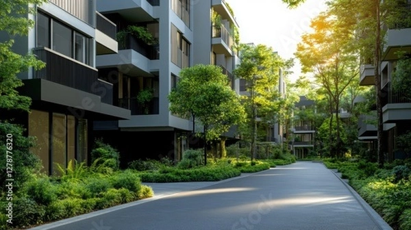 Obraz Wide asphalt road runs between modern apartment buildings. Green trees line both sides of road creating tranquil urban landscape. Bright sunlight illuminates scene creating warm summer day