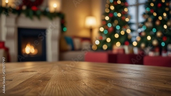 Fototapeta Empty wooden table top with blurred background of family room with christmas theme. The focus is on the table surface.