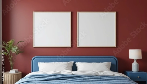 Fototapeta Modern bedroom interior with red walls, blue bed, two empty frames, plant, and lamp for design inspiration