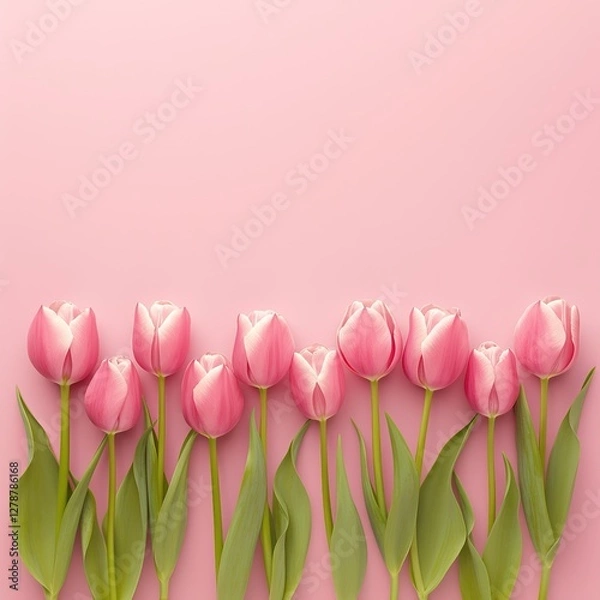 Fototapeta "Beautiful pink tulips arranged elegantly on a soft pastel pink background, top view, perfect for celebrating Happy Women's Day, spring season, floral themes, and feminine concepts. Ideal for greeting