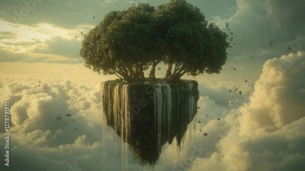 Fototapeta Lush Island with Trees Floating Above Clouds at Sunrise