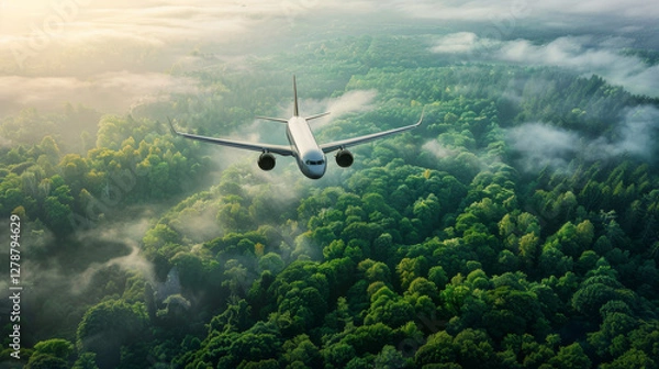 Fototapeta Modern commercial aircraft soaring through blue skies above lush green forests demonstrates aviation industry's commitment to environmental sustainability through innovative biofuel technology