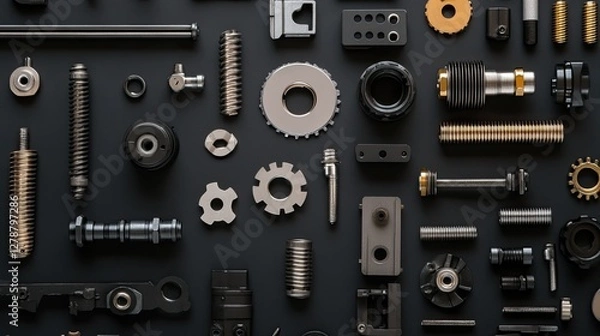 Fototapeta Flat lay of engineering and mechanical parts displayed on a dark background.