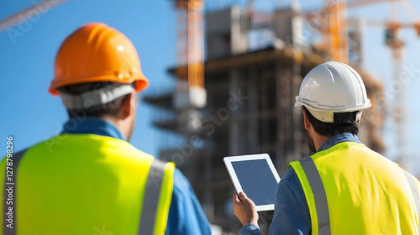 Fototapeta Two construction workers wearing safety helmets and vests inspect building plans on a tablet at a construction site, showcasing teamwork and technological integration in the indust
