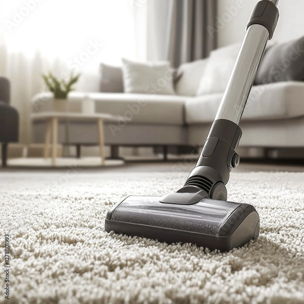 Fototapeta Modern hoover in action on plush light coloured carpet in light, clean interior.  The concept of home care, hygiene and freshness in the living space