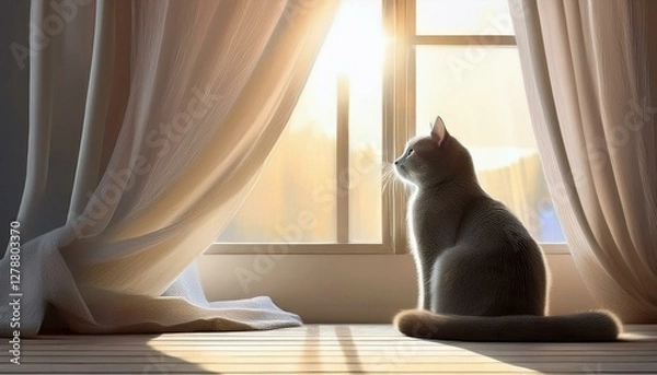 Fototapeta 창가에 앉아 있는 회색 고양이