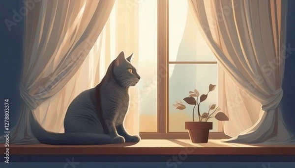 Fototapeta 창가에 앉아 있는 회색 고양이