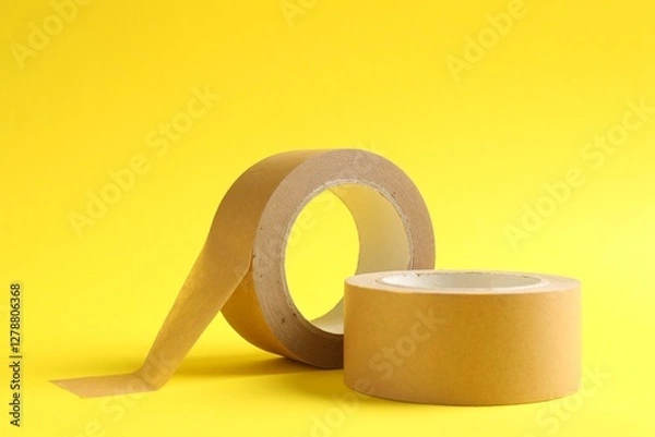 Obraz Two masking tapes on yellow background, closeup