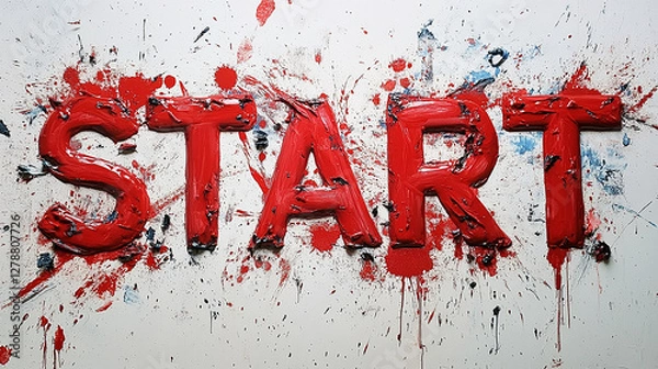 Fototapeta The word START painted with bold red brushstrokes.