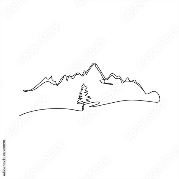 Fototapeta Minimalist Line Art Depicting Abstract Mountain Landscape With Trees
