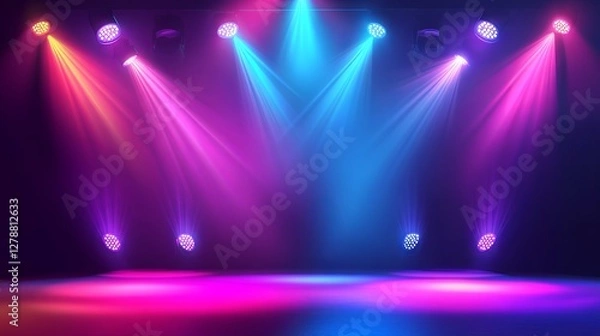 Fototapeta Colorful lighting and spotlights on performance stage for events