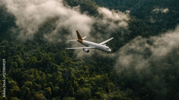 Fototapeta Arafplane soars above a lush forest, framed by a fluffy cloud in a clear blue sky, showcasing the beauty of nature and aviation in harmony.