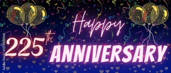 Fototapeta 225th anniversary neon calligraphy text and number. Confetti and balloon isolated on elegant blue gradient background, sparkle, design for greeting card, print. Two hundred twenty five anniversary