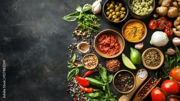 Obraz A vibrant display of fresh ingredients and spices arranged on a dark surface for cooking