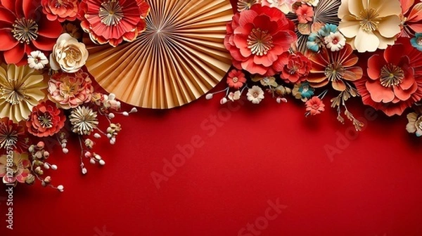 Fototapeta Festive red and gold paper flower fan for Lunar New Year & celebrations. Vibrant, elegant design with copy space. Ideal for greeting cards, banners, backgrounds.