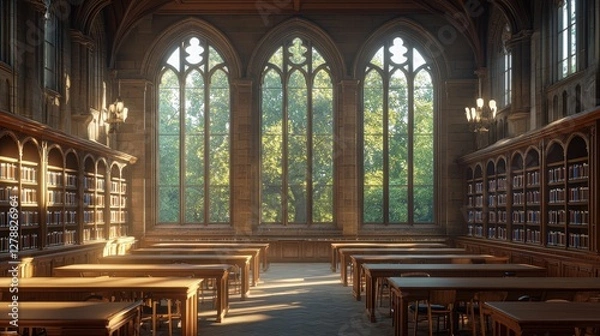 Fototapeta A serene library with large windows, bathed in natural light, surrounded by tall bookshelves and green foliage outside.