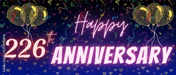 Fototapeta 226th anniversary neon calligraphy text and number. Confetti and balloon isolated on elegant blue gradient background, sparkle, design for greeting card, print. Two hundred twenty six anniversary