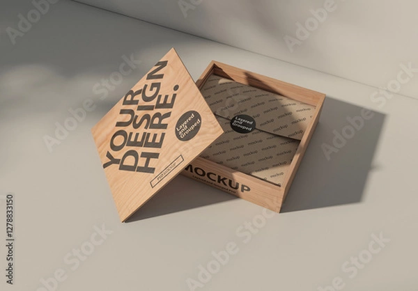 Fototapeta Wooden box mockup with open lid and wrapping paper