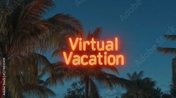 Obraz Neon Holographic Escapes Virtual Vacation in Dreamy Tropical Backdrop - Celebrate National Virtual Vacation Day and Spring Break for Dynamic Digital Tourism Experiences