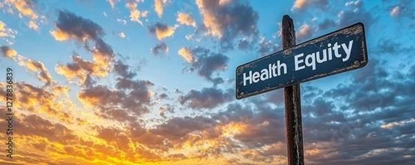 Fototapeta Health Equity written in white on a weathered black street sign against a dynamic sky with contrasting clouds
