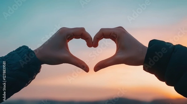 Fototapeta Hands Forming Heart Shape Against Beautiful Sunset Background