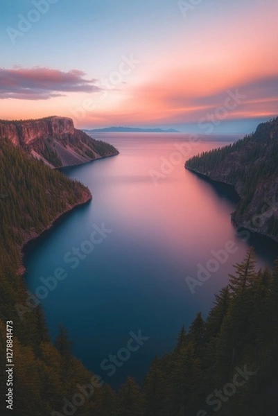 Obraz Serene lake surrounded by cliffs, reflecting stunning sunset glo