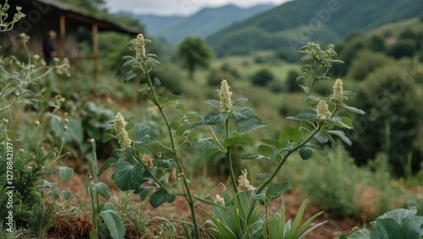 Fototapeta Green plants with yellow flowers in a mountainous landscape with lush vegetation and cloudy sky in the background.