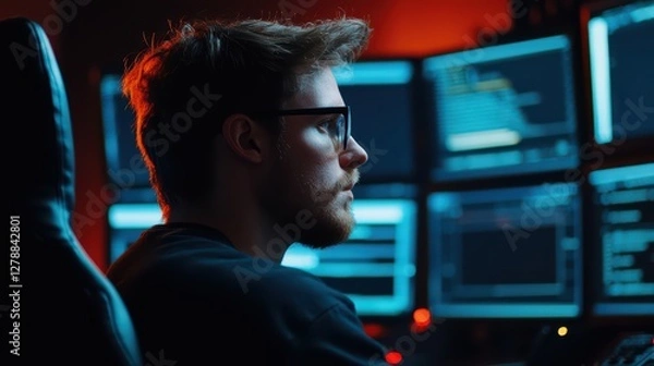 Fototapeta Young Man Concentrating While Working on Multiple Computer Screens