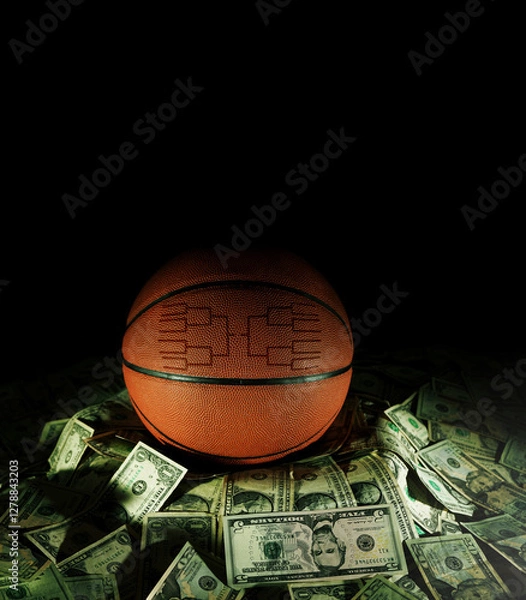Obraz Basketball with march madness tournament bracket on a pile of cash on black