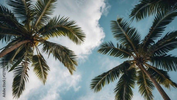 Fototapeta Low angle view of palm trees against a cloudy sky with blue background and scattered clouds in a tropical setting