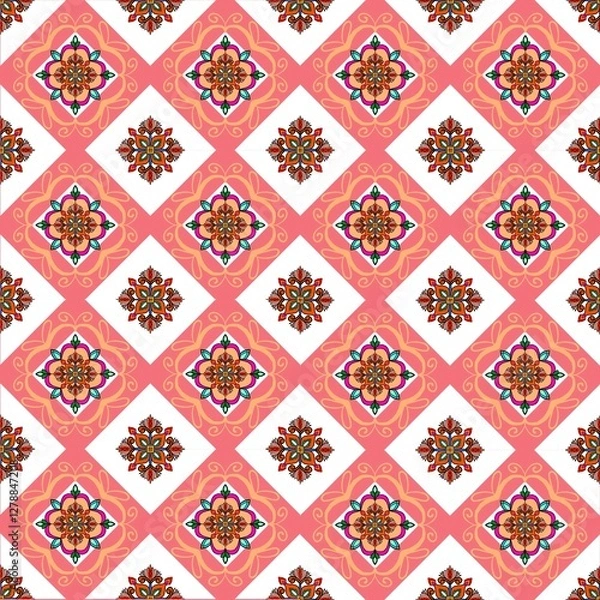 Fototapeta A vibrant, repeating pattern with floral motifs in pink and orange, set against a white background, creating a lively and decorative design.