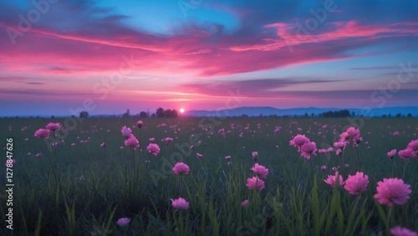Fototapeta Field of pink flowers during sunset with vibrant sky colors and distant mountains in the background