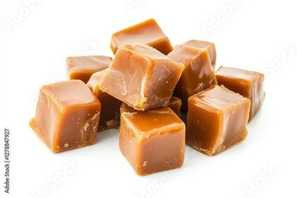 Fototapeta Caramel candy cubes on solid white background. Neural network AI generated