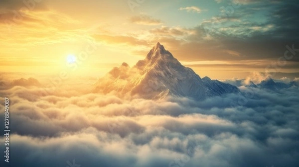Obraz Create a breathtaking image of a mountain peak emerging from a sea of clouds, with golden sunrise light illuminating the mist-covered landscape."