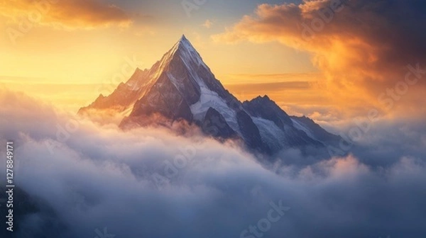 Obraz Create a breathtaking image of a mountain peak emerging from a sea of clouds, with golden sunrise light illuminating the mist-covered landscape."