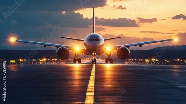 Fototapeta Airport runway with landing lights Concept, Airplane on Runway at Dusk with Bright Lights and Shadows, Capturing Serenity in Aviation Scene