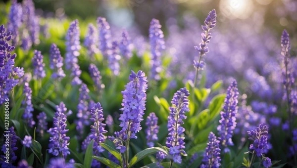 Fototapeta Field of purple flowers with green leaves in natural light creating a colorful and vibrant floral background suitable for nature themes