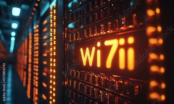Fototapeta Next-Generation Wireless Technology: The concept of Wi-Fi 7 connectivity showcased through illuminated text on a dynamic, high-tech server background