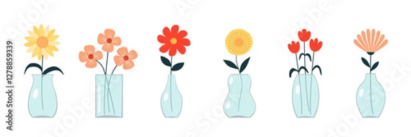 Fototapeta Flower vase set line. Transparent glass vases with blue water. Different flowers. Daisy, tulip, gerbera. Cute colorful icon collection. Ceramic Pottery decoration. White background. Flat design Vector
