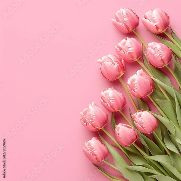 Fototapeta "Beautiful pink tulips arranged elegantly on a soft pastel pink background, top view, perfect for celebrating Happy Women's Day, spring season, floral themes, and feminine concepts. Ideal for greeting