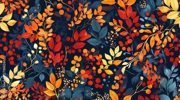 Fototapeta Autumn leaves seamless pattern, botanical print