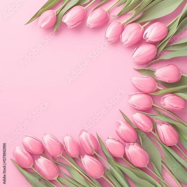 Fototapeta "Beautiful pink tulips arranged elegantly on a soft pastel pink background, top view, perfect for celebrating Happy Women's Day, spring season, floral themes, and feminine concepts. Ideal for greeting